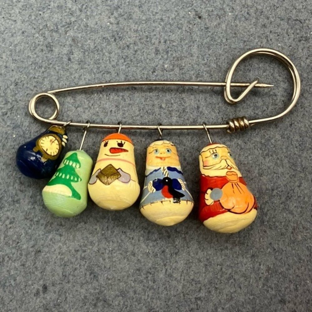 Christmas Pin Brooch Matryoshka Doll Dangles Silver Safety Santa Claus Snowman